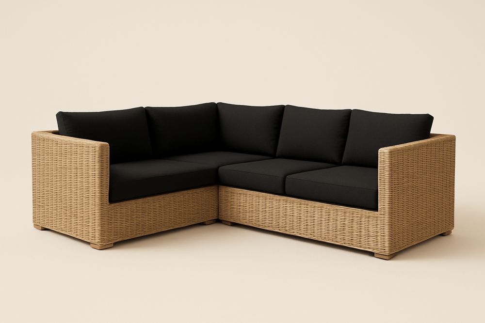 Canapé d'angle en rotin synthétique avec coussins en acrylique noirs
