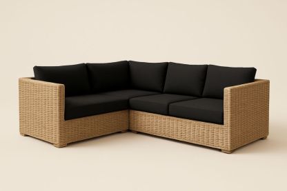 Canapé d'angle en rotin synthétique avec coussins en acrylique noirs