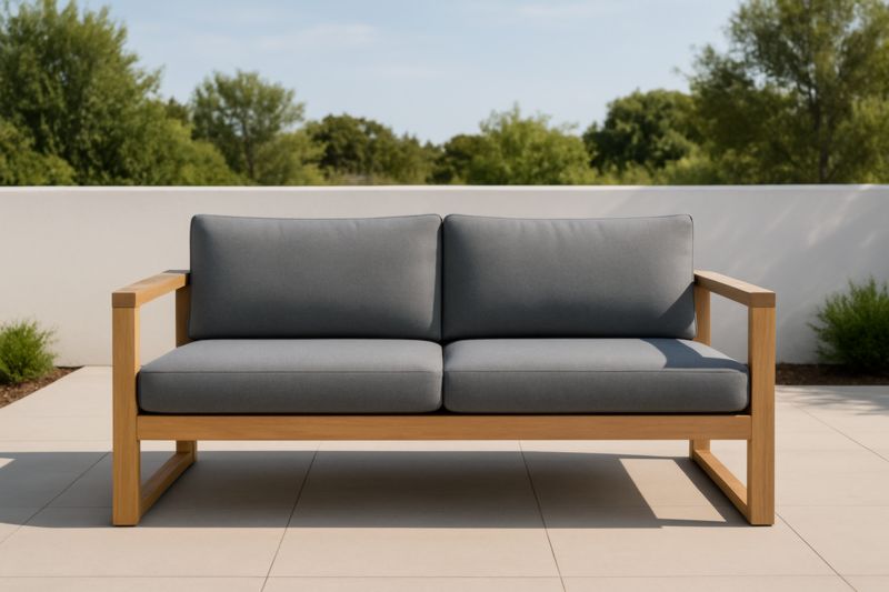 Canapé d'extérieur en bois avec coussins en tissu gris