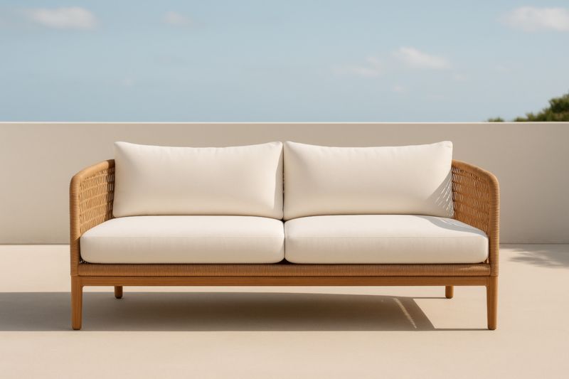 Canapé d'extérieur en rotin synthétique et coussins en polyester beige