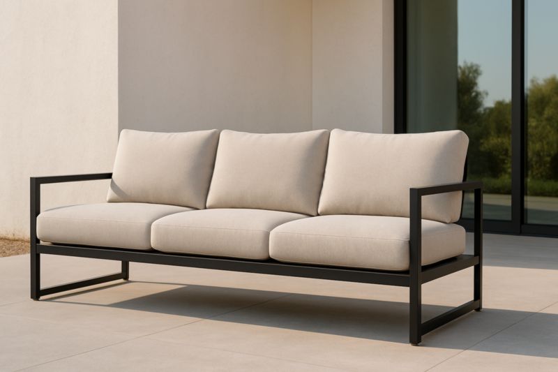 Canapé 3 Places Métal Noir Tissu Beige 200×80×75 cm