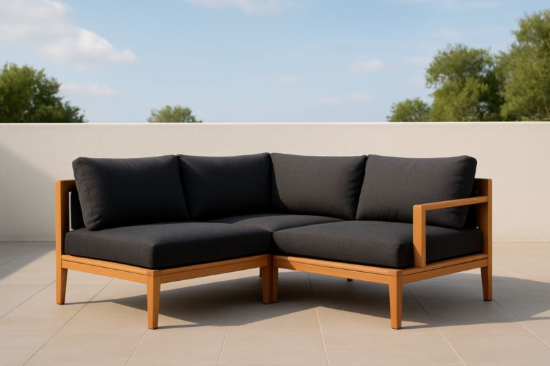 Canapé d'angle extérieur en bois et tissu polyester anthracite