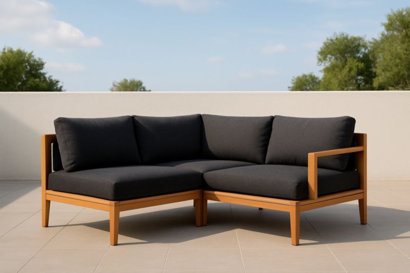 Canapé d'angle extérieur en bois et tissu polyester anthracite