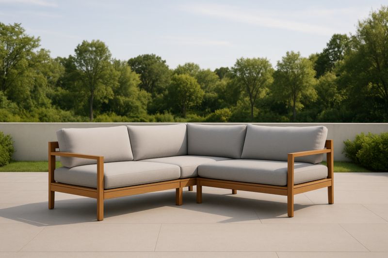 Canapé d'angle extérieur bois coussins gris 250×90×85 cm