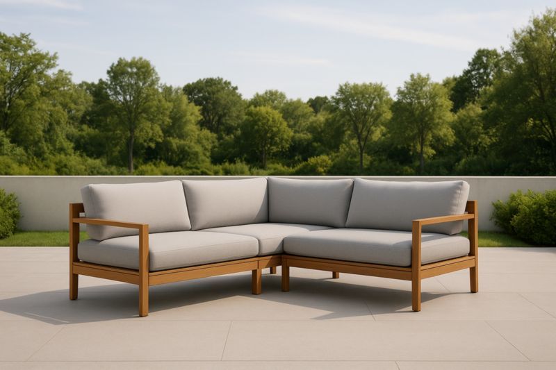 Canapé d'angle extérieur bois coussins gris 250×90×85 cm