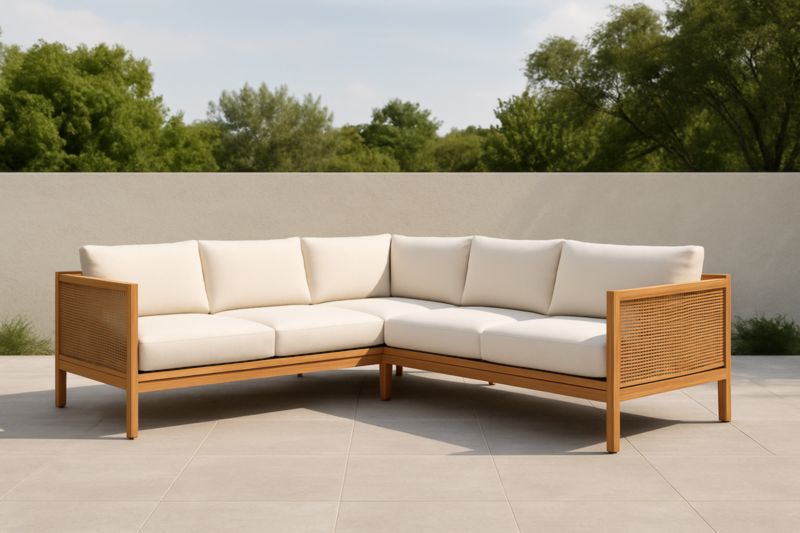 Canapé d'angle en bois avec coussins blancs pour extérieur