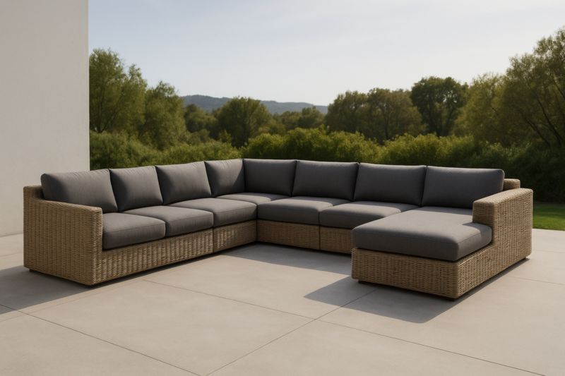 Canapé d'angle extérieur en résine tressée avec coussins gris