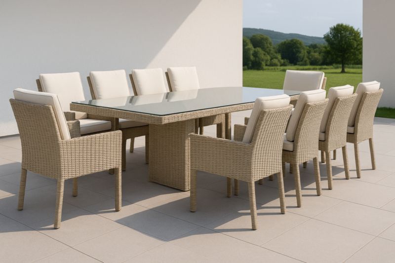 Ensemble de salle à manger extérieure en résine tressée avec plateau en verre et 10 chaises