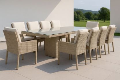 Ensemble de salle à manger extérieure en résine tressée avec plateau en verre et 10 chaises