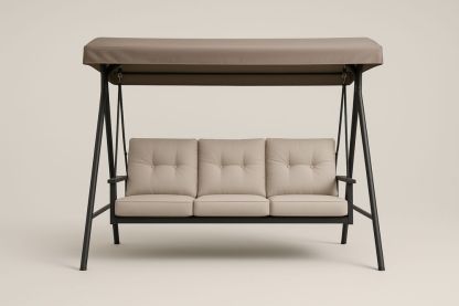 Chaise balançoire d'extérieur trois places en acier avec coussins beige