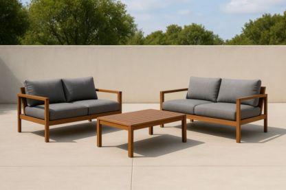 Salon de jardin en bois avec coussins gris