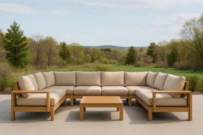 Salon de jardin en bois avec coussins beige