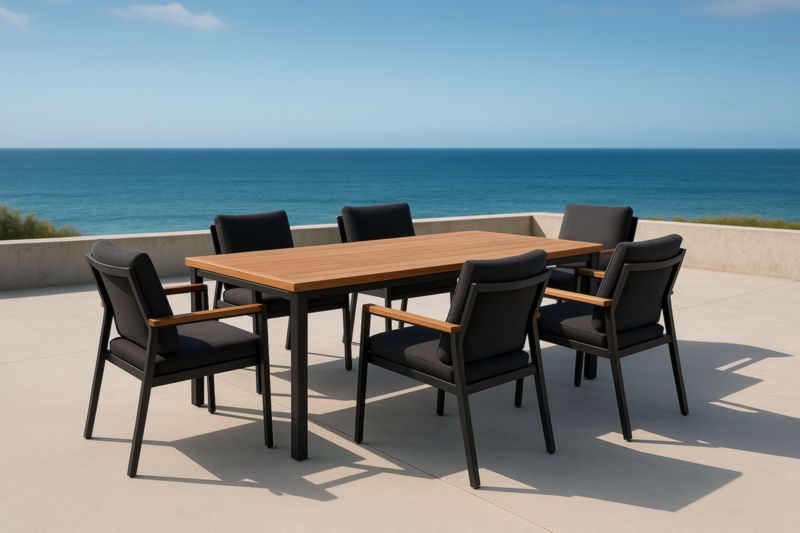 Ensemble de mobilier de jardin en aluminium et bois avec table rectangulaire et chaises en tissu