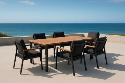 Ensemble de mobilier de jardin en aluminium et bois avec table rectangulaire et chaises en tissu