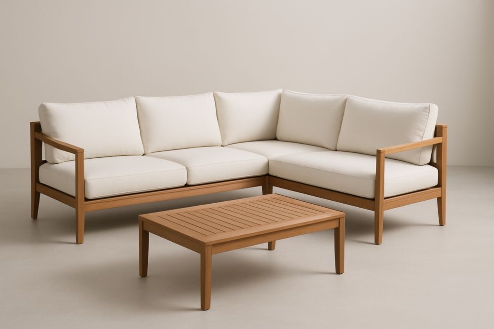 Set da giardino: divano angolare a L con tavolino e tessuto di poliestere crema