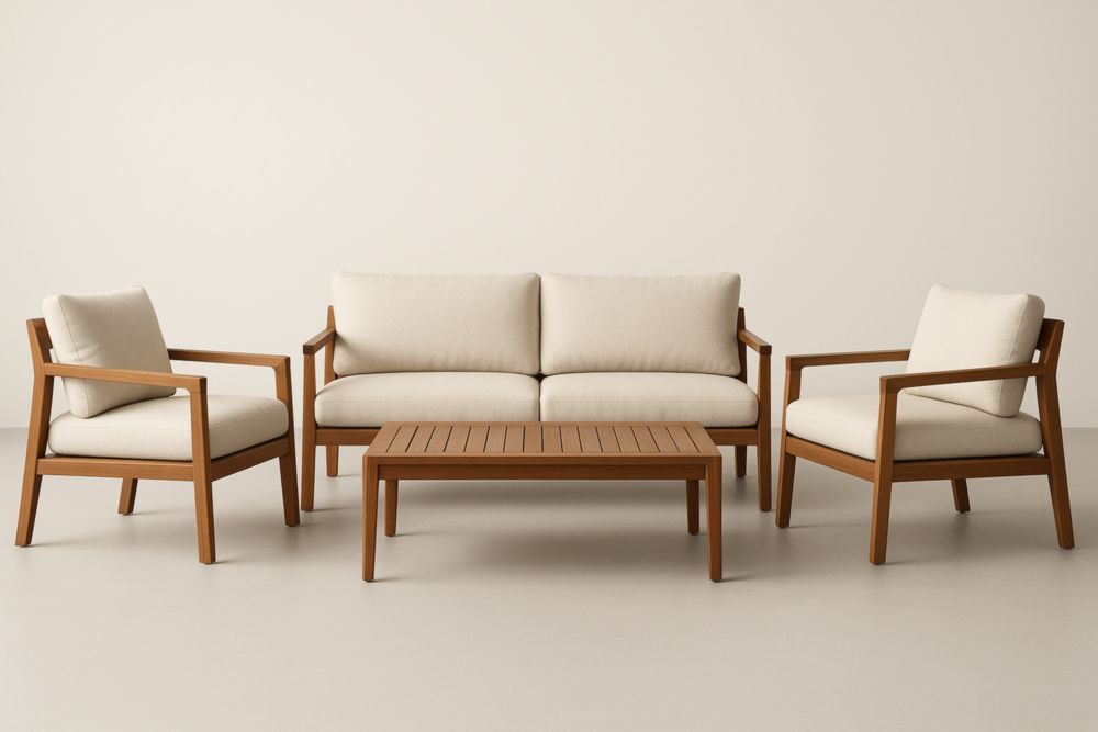 Set da giardino in legno massello e tessuto di poliestere crema 2 poltrone, divano e tavolo