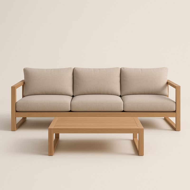 Divano in legno con cuscini in tessuto poliestere e tavolino