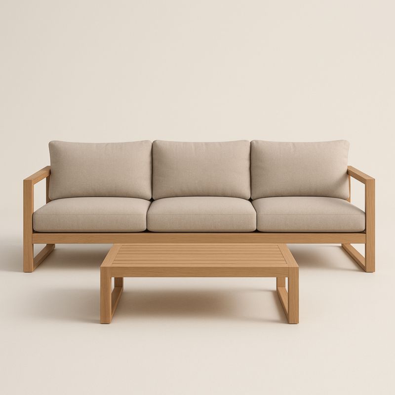 Divano in legno con cuscini in tessuto poliestere e tavolino