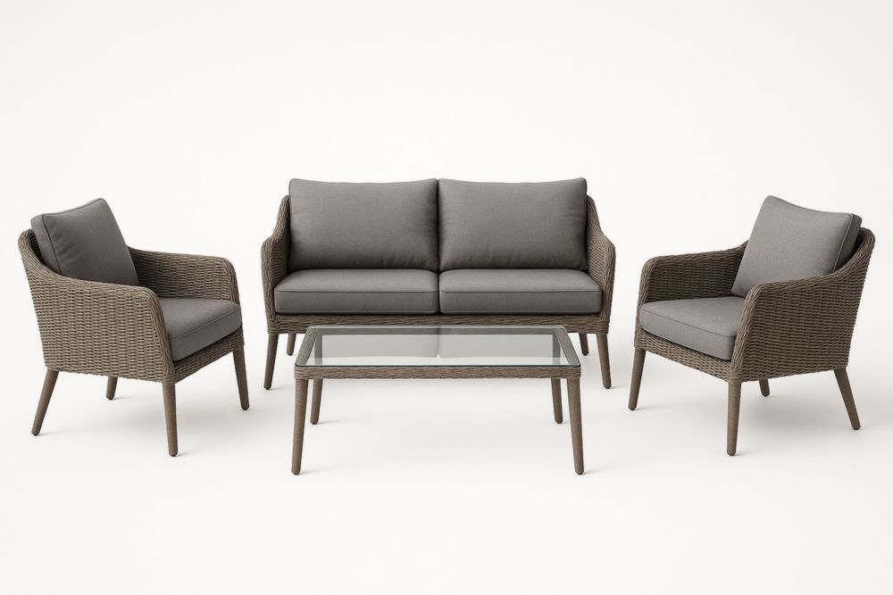 Set Divano da Giardino in Rattan Sintetico con Cuscini in Tessuto Poliestere Grigio, Tavolino in Vetro Temperato