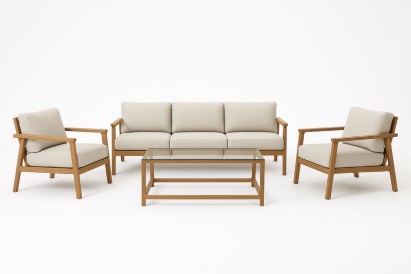 Set salotto giardino in legno con poltrone e divano cuscini tessuto beige tavolino vetro