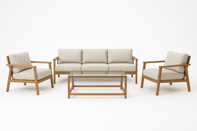 Set salotto giardino in legno con poltrone e divano cuscini tessuto beige tavolino vetro