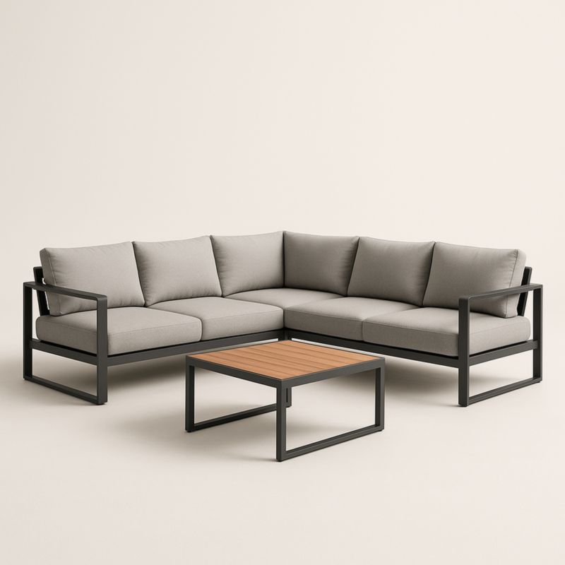 Divano Angolare in Alluminio e Tessuto Grigio con Tavolino in Legno