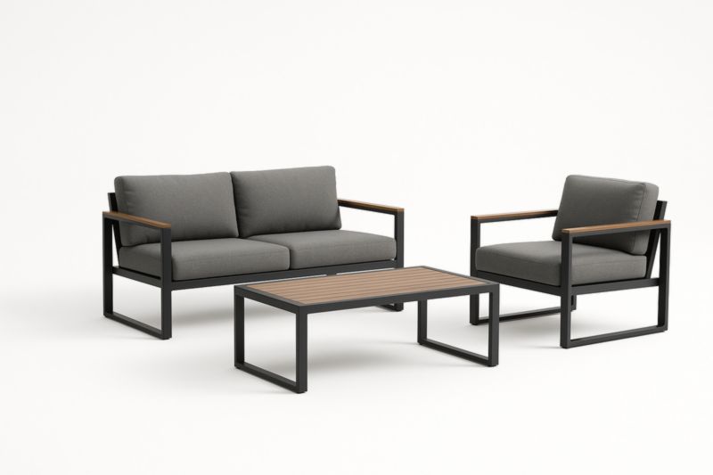 Set Giardino Divano Poltrona e Tavolo Alluminio Poliestere Nero/Grigio