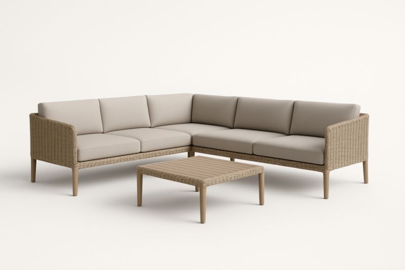 Set Divano Angolare in Rattan con Tavolino da Caffè Cuscini Beige