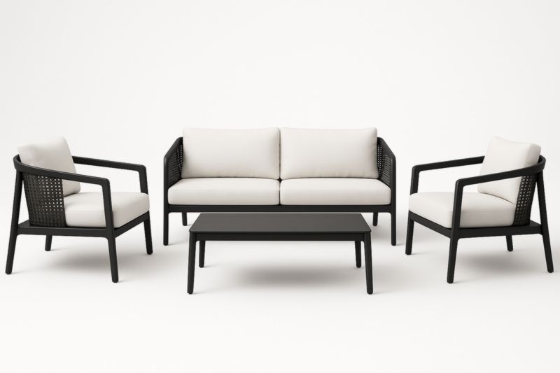 Set Salotto da Giardino in Rattan Sintetico e Alluminio con Cuscini Bianchi