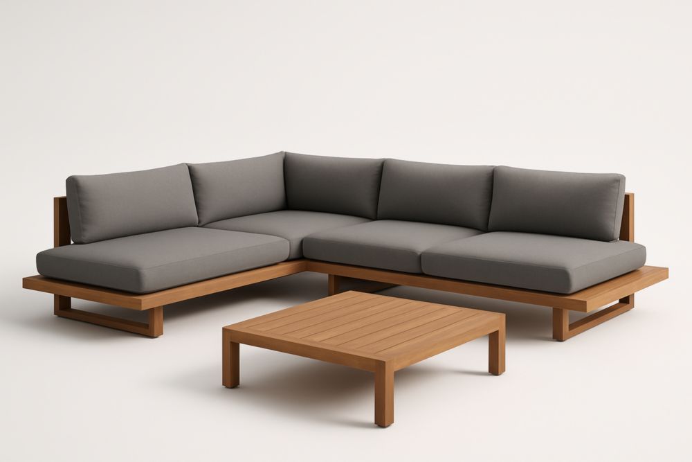 Set da giardino: divano angolare in legno di teak con cuscini in tessuto di poliestere grigio