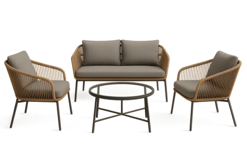 Set da Giardino in Rattan e Vetro Grigio/Beige