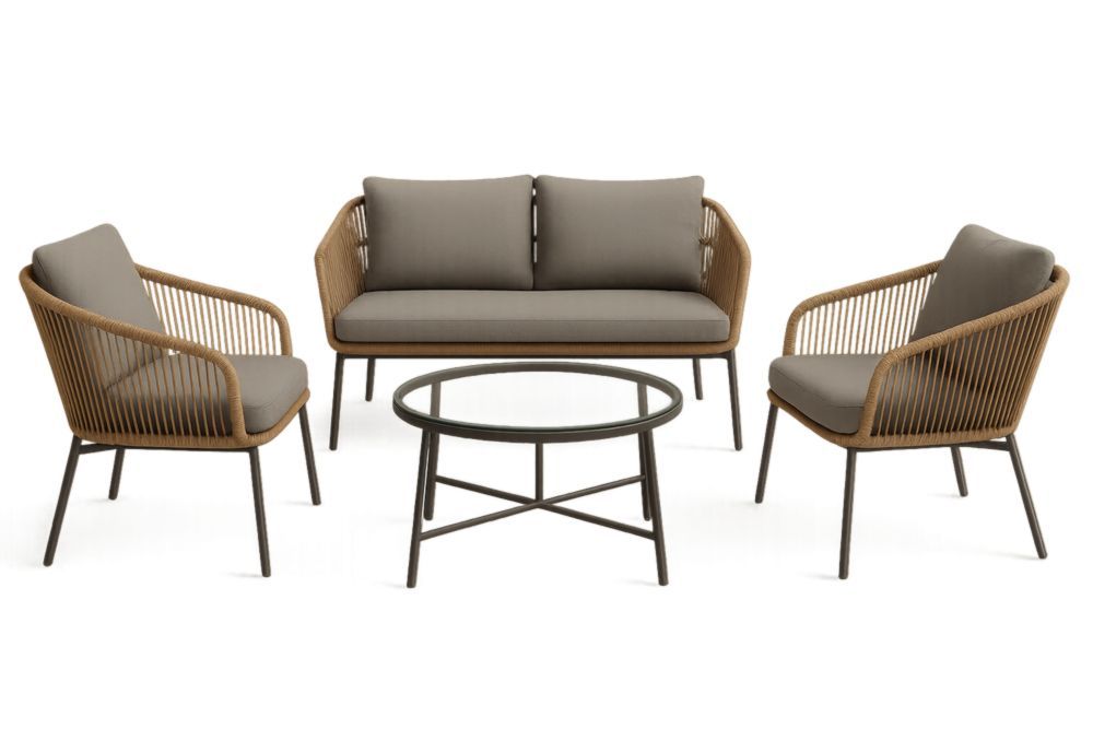 Set da Giardino in Rattan e Vetro Grigio/Beige