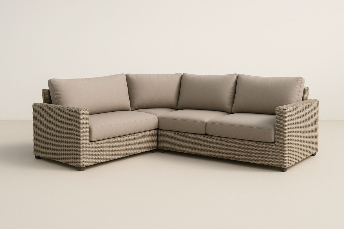 Divano angolare in rattan sintetico con cuscini in poliestere