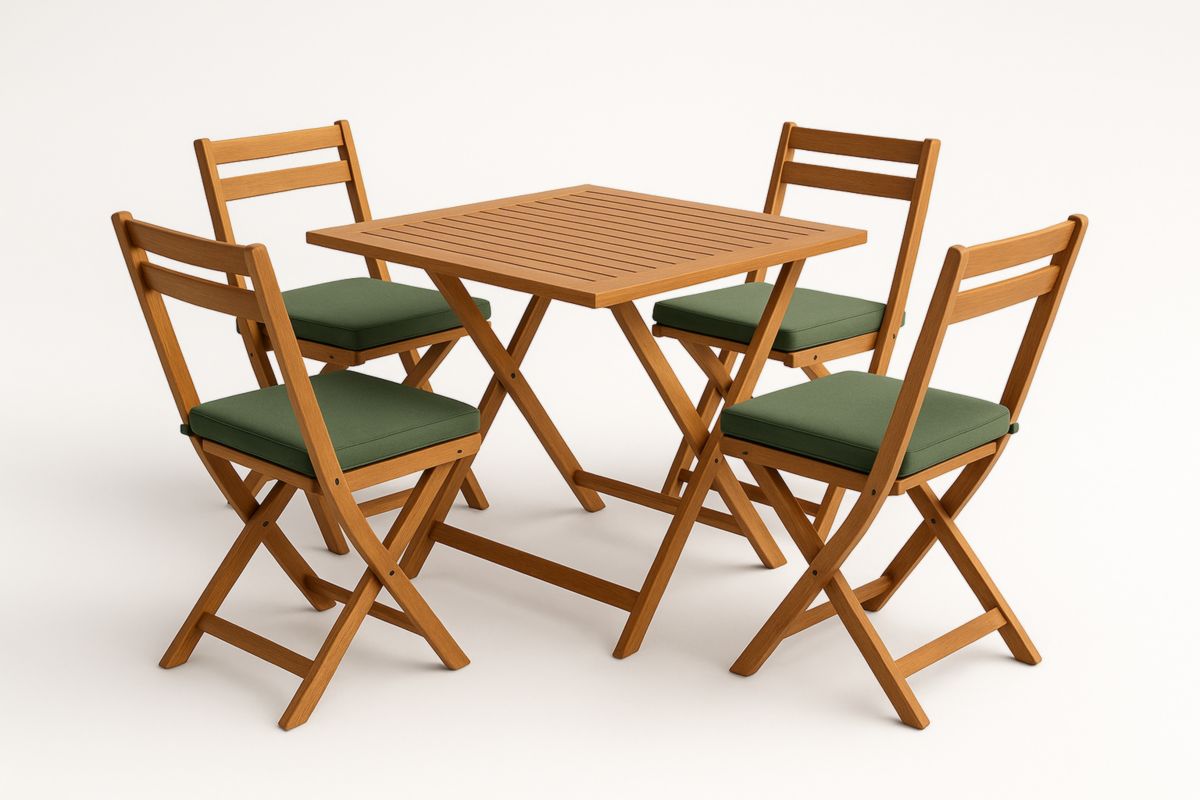 Set tavolo e 4 sedie pieghevoli in legno con cuscini verdi