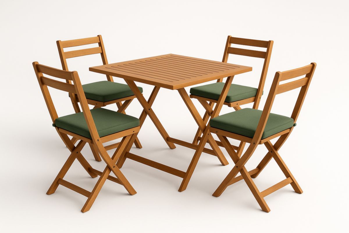Set tavolo e 4 sedie pieghevoli in legno con cuscini verdi