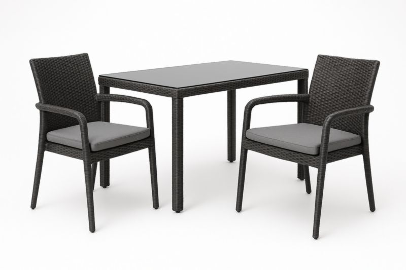 Set tavolo rettangolare con 2 sedie in rattan PE e vetro temperato Nero Grigio
