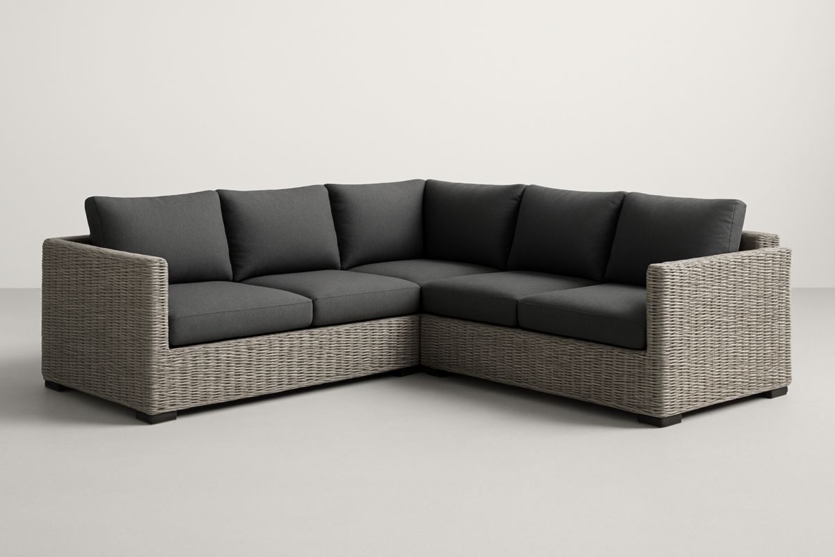 Divano angolare in rattan sintetico con cuscini in poliestere grigio scuro