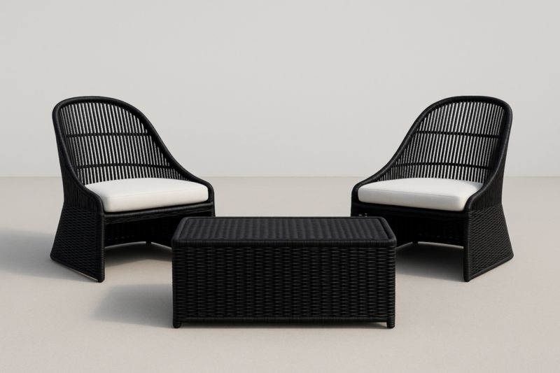 Set arredo esterno in rattan sintetico nero con 2 poltrone e tavolino rettangolare con cuscini bianchi