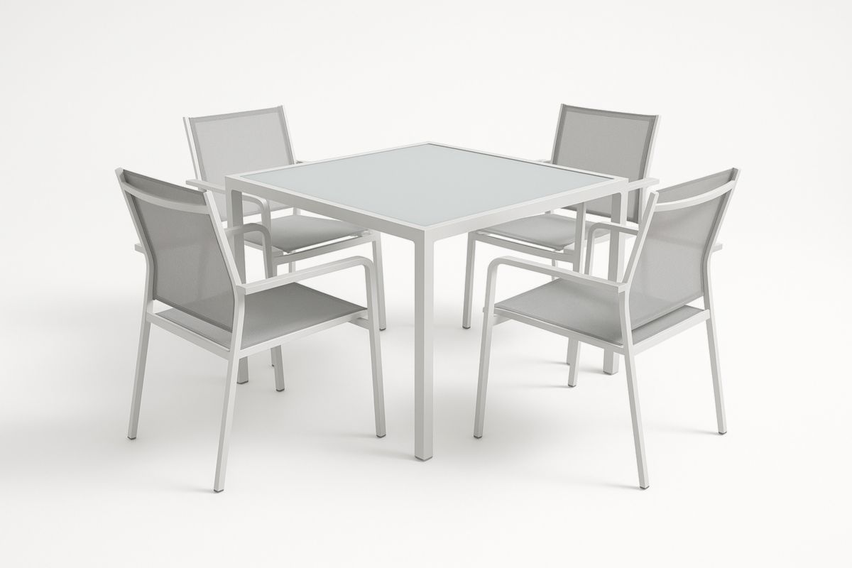 Set tavolo quadrato in metallo e vetro con 4 sedie in textilene grigio