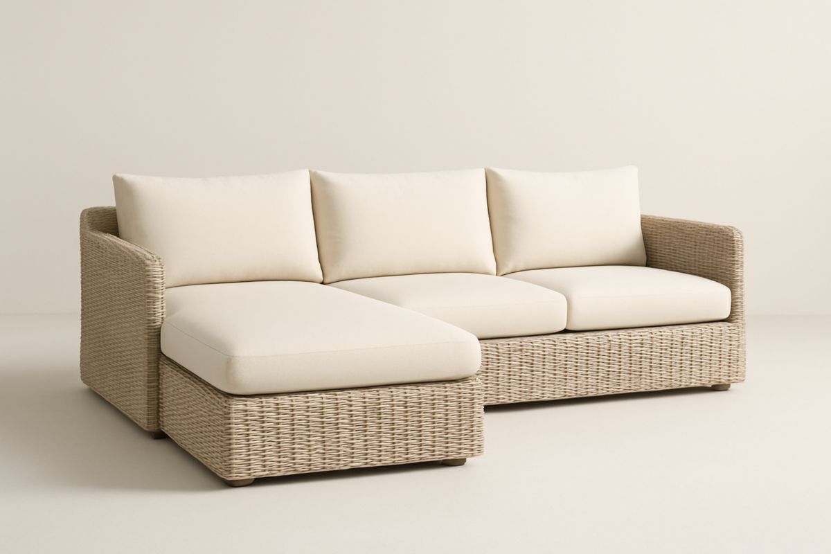 Divano Angolare in Rattan Sintetico Beige con Cuscini Poliestere