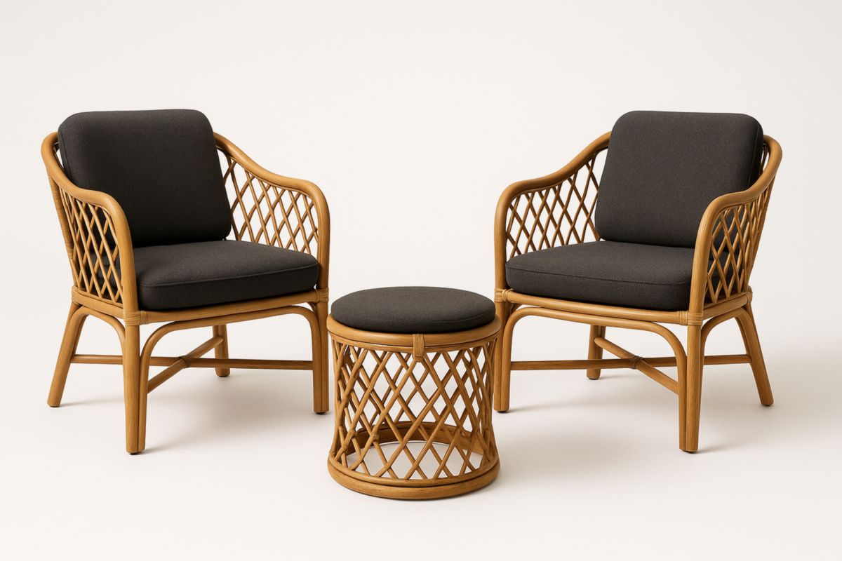 Set da Giardino in Rattan con Cuscini Neri