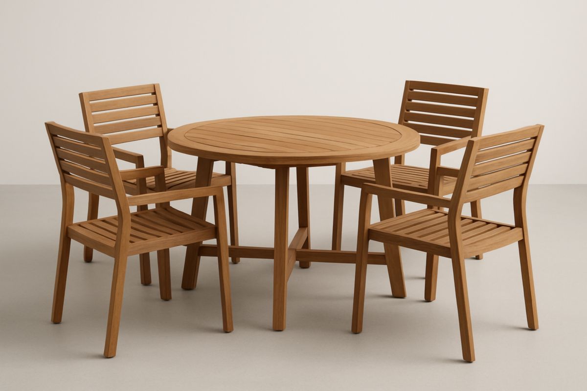Set tavolo rotondo e sedie in legno teak