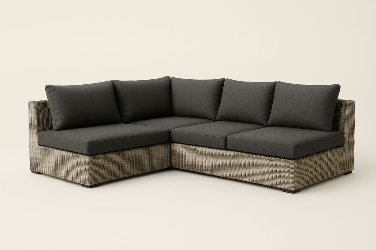 Divano angolare in rattan con cuscini in poliestere grigi