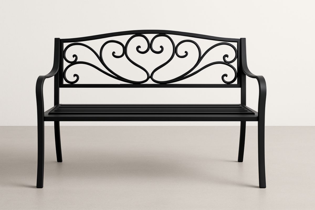 Panchina da giardino in ferro nero con schienale decorato