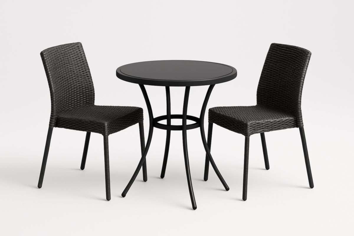 Set tavolo rotondo con 2 sedie in rattan sintetico nero
