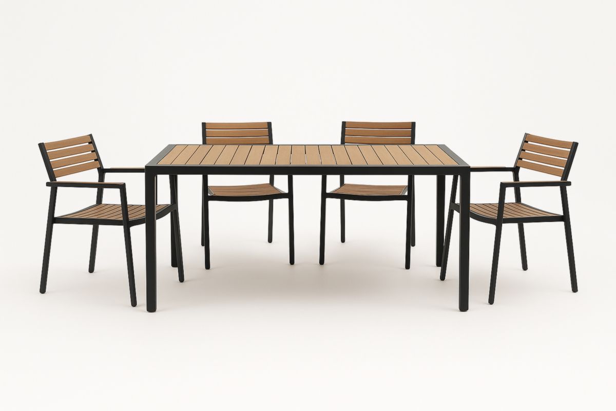 Set tavolo e sedie da esterno in alluminio e legno composito marrone e nero