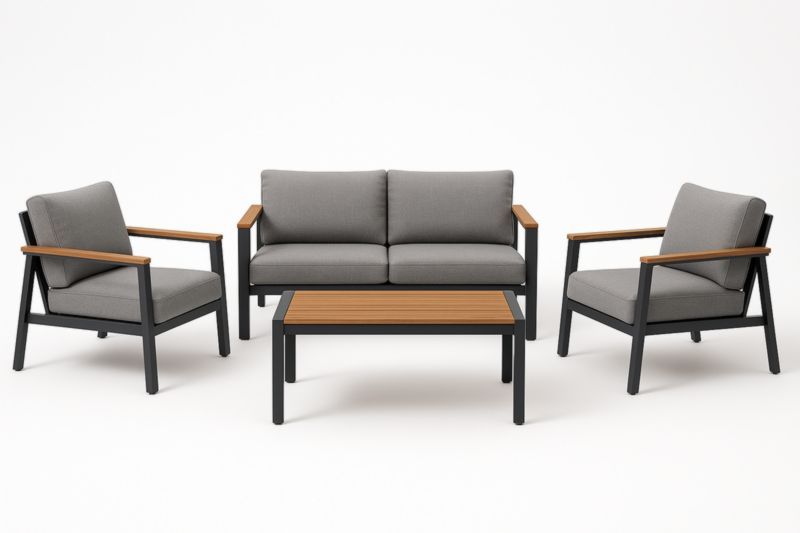 Set di Mobili da Giardino in Metallo e Legno con Cuscini Grigi