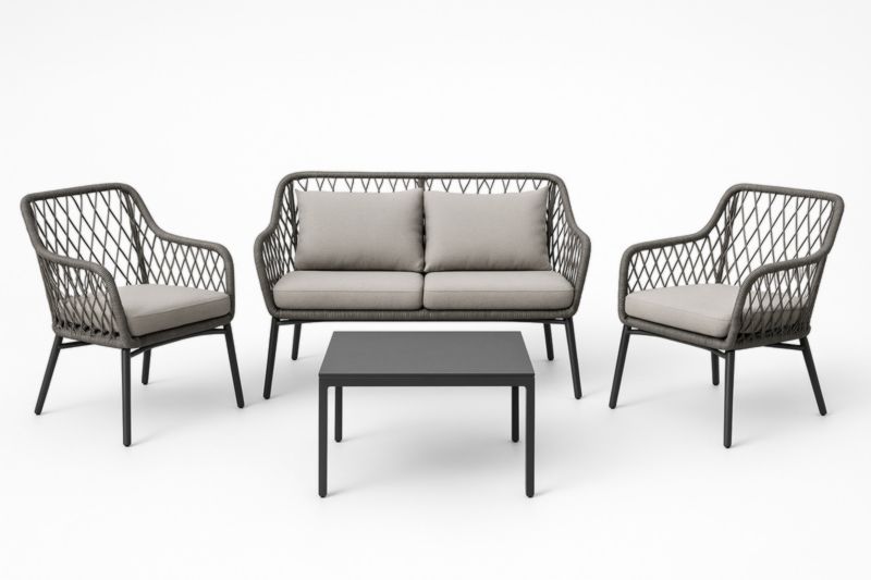 Set salotto in alluminio e poliestere con divano, poltrone e tavolino grigio