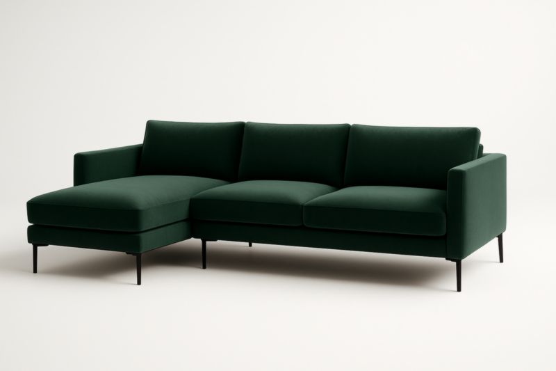 Divano angolare in velluto verde scuro con gambe in metallo 250cm