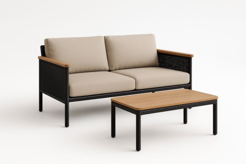 Set Divano e Tavolino da Giardino in Rattan Sintetico e Legno, Beige/Nero